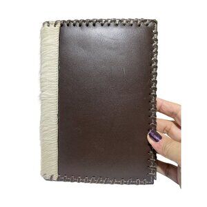 Handcrafted Brown Leather Journal Cover With White Fur Accent & Stitch Detailing